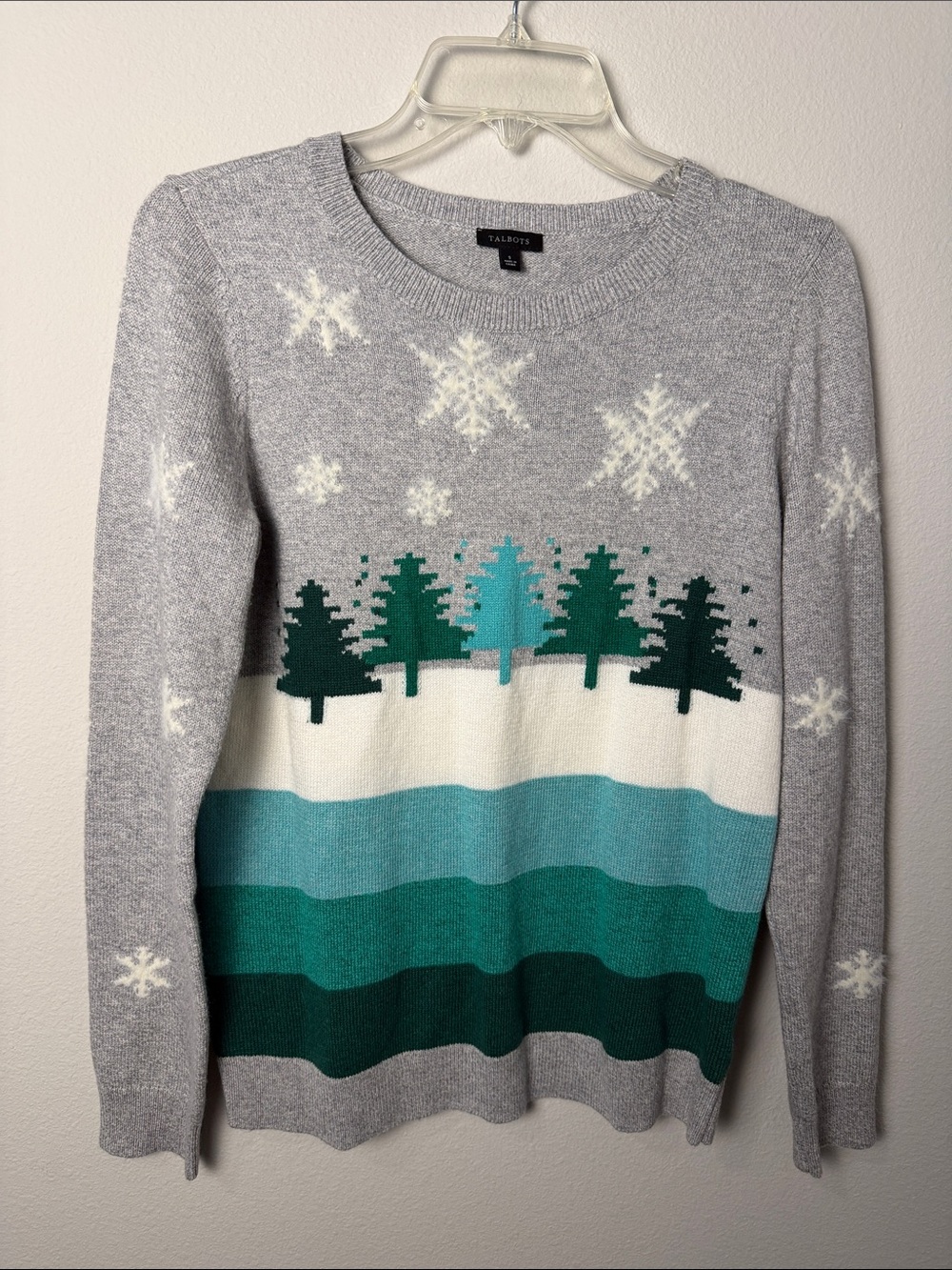 Talbots Gray Sweater with White Snowflakes and Teal/Green Trees